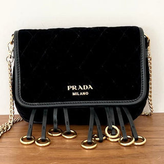 Prada Milano Gold Chain Straps Quilted Velvet Crossbody Bag Women's Black