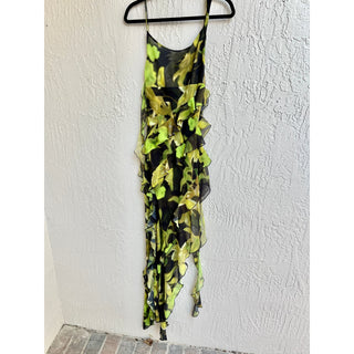 Mango Asymmetrical Hem Tiered Ruffle Maxi Dress Black Green Women's Size US 6