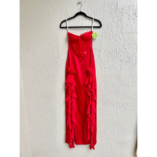 Miss Circle Strapless Talia Satin Lace Corset Maxi Dress Red Women's Size XS