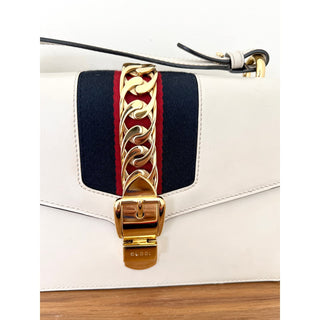 Gucci Women's White Leather Sylvie Chain Shoulder Bag With Grosgrain Web Bow