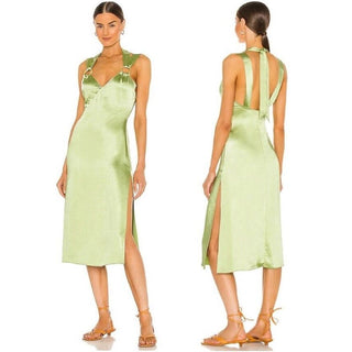 Song Of Style Satin Neck Tie Party Emma Midi Dress Pistachio Green Women's Sz M