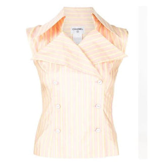 Chanel Sleeveless Double Breasted Striped Top Yellow Pink Women's Size FR 36/US2