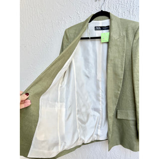 Zara Long Sleeve Notch Lapel 100% Linen Open Front Blazer Jacket Green Women's S