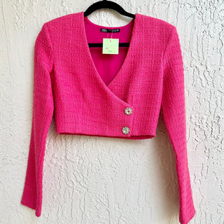 Zara Long Sleeve Textured Tweed Cropped Blazer Jacket Pink Women's Size US XS