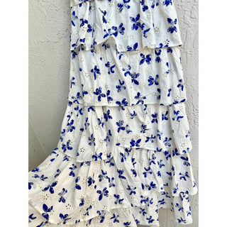 NWT ALB Anne Louise Eyelet Tiered Bloom Maxi Dress White Blue Women's UK 12/US 8