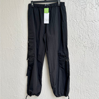 NWT Zara High Rise Elastic Waist Adjustable Hem Cargo Pants Black Women's Size M