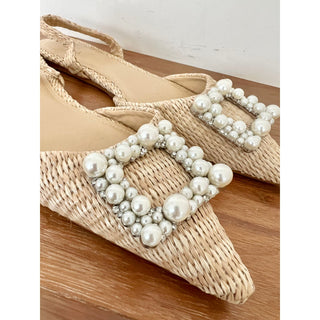 NWOT Zara Pearl Woven Slingback Flat Sandal Beige Women's Size 40 / 9.5