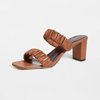 Staud Frankie Leather Ruched Block Heel Stappy Sandal Tan Brown Women Size EU 39