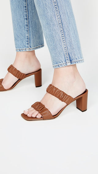 Staud Frankie Leather Ruched Block Heel Stappy Sandal Tan Brown Women Size EU 39