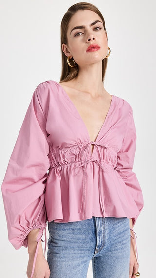Staud Shelby Long Sleeve Plunging V-Neck Blouse Top Quartz Pink Women's XS