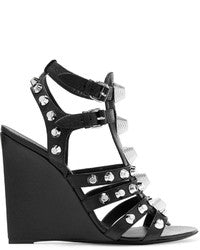 Balenciaga Arena Studded Strappy Wedge Sandals Black Leather Women's EU 37