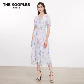 The Kooples Floral-Print Crepe Shirt Midi Dress White/Purple/Blue Women's 1 / S