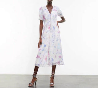 The Kooples Floral-Print Crepe Shirt Midi Dress White/Purple/Blue Women's 1 / S