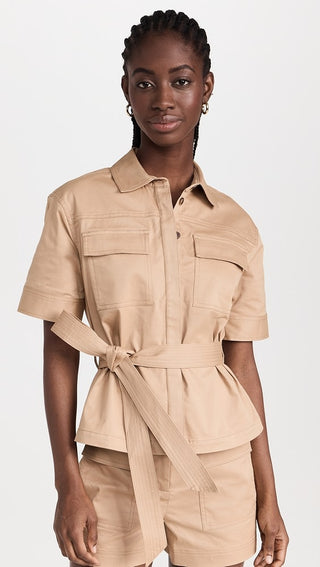 Tanya Taylor Tanner Twill Short Sleeve Belted Utility Shirt Birch Women's Small