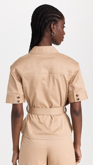 Tanya Taylor Tanner Twill Short Sleeve Belted Utility Shirt Birch Women's Small