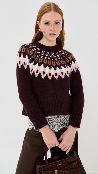 Veronica Beard Anne Fair Isle Alpaca Blend Sweater Raisin Burgundy/Purple S
