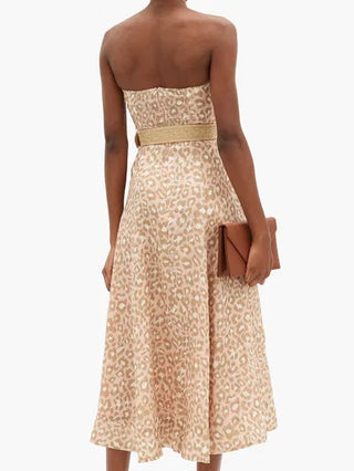 Zimmermann Carnaby Leopard Strapless Belted Bustier Midi Dress Pink Beige 1
