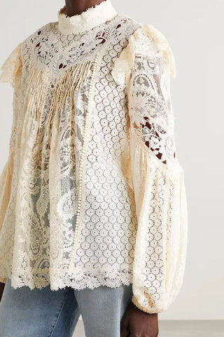 NWT Zimmermann Concert Ruffled Cotton-Blend Lace Blouse Top Cream Women's US 4