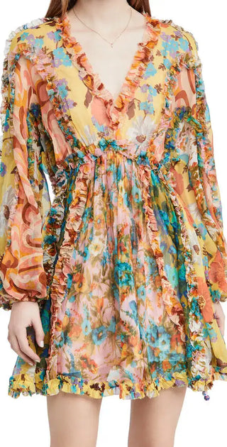 NWT Zimmermann Estelle Billow V-Neck Chiffon Mini Dress Spliced Floral Womens 4